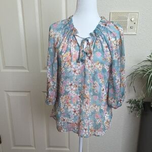 JADE floral Tie-Neck Blouse - Light Teal/Green Floral